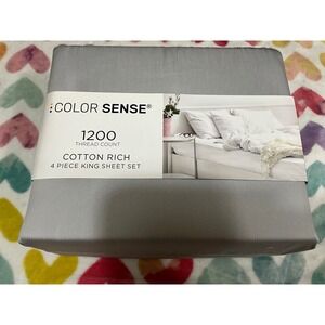 Color Sense 1200 Thread Count Cotton Rich 4 Piece King Sheet Set Grey Bedding